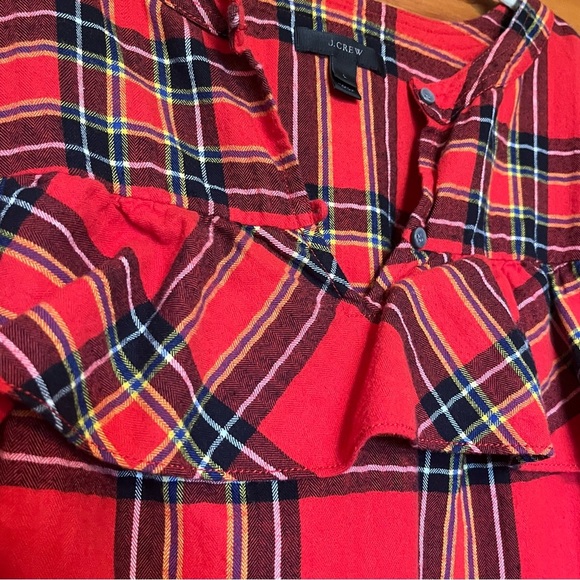 J.CREW Red Plaid Flannel Ruffle Long Sleeve Festive Blouse | size Large - Picture 2 of 11